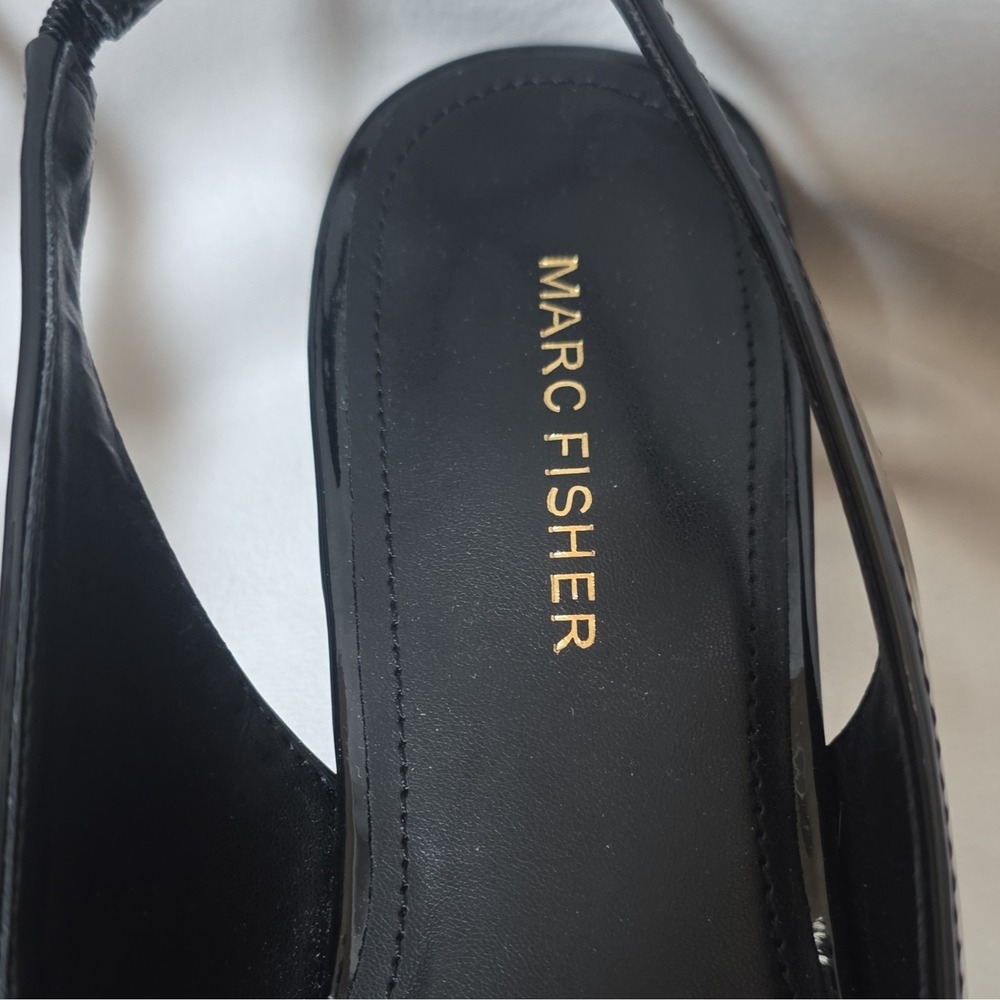 NWOT Marc Fisher Black Patent Leather Bow Pointed Toe Slingback Heels 9M - Picture 4 of 14
